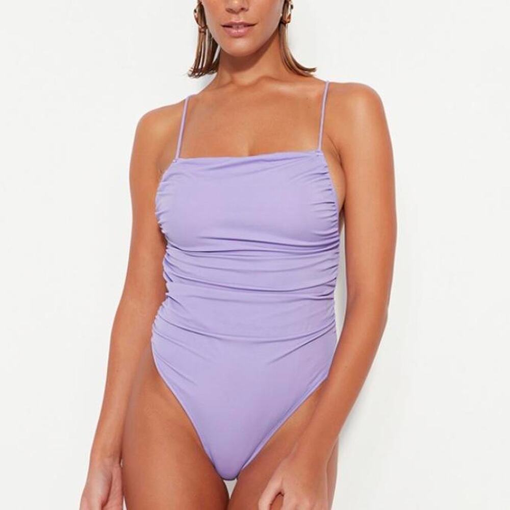 Zara Ruches Strappy One Piece Swimsuit Size S Small NWT Purple